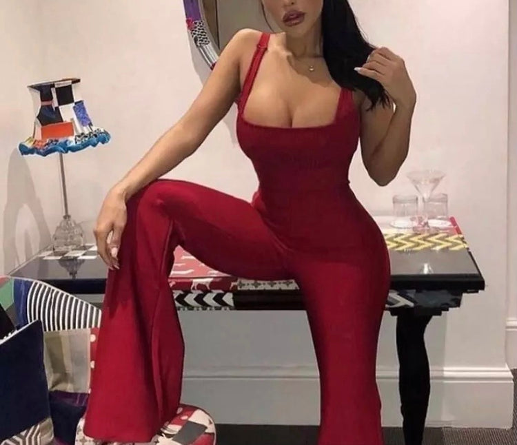 Leave Em On Red-  High Quality Rayon Bandage Jumpsuit Red