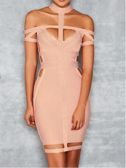 Kinky - Nude Rayon Bandage Dress Elegant Midi Party Dress