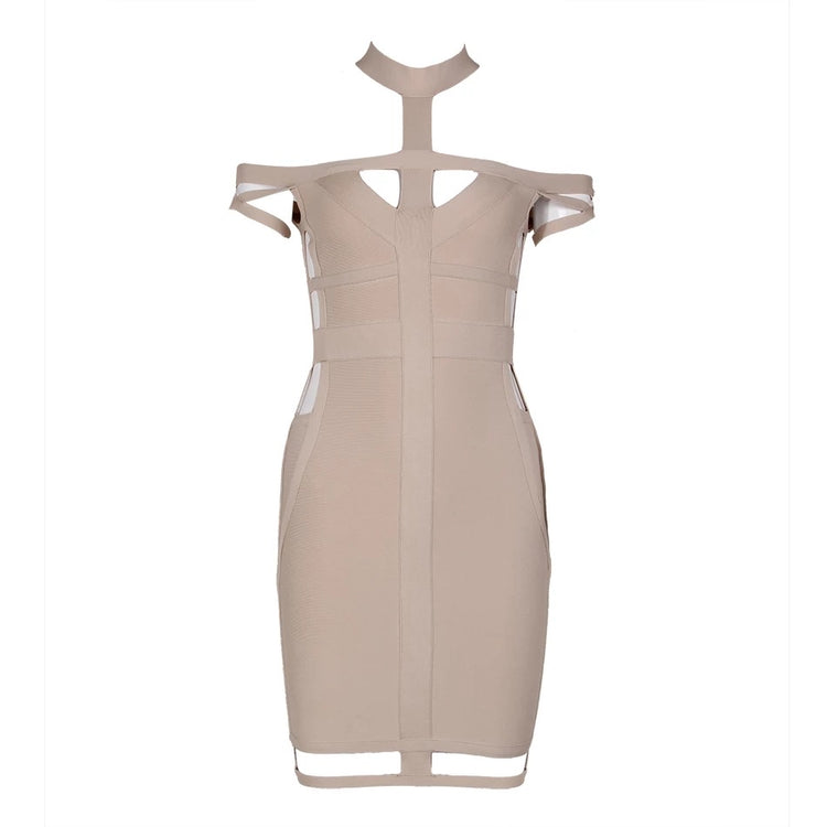 Kinky - Nude Rayon Bandage Dress Elegant Midi Party Dress